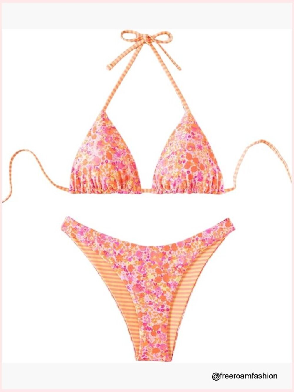 Floral Striped Bikini Set Halter String Thong High Cut Swimsuit
